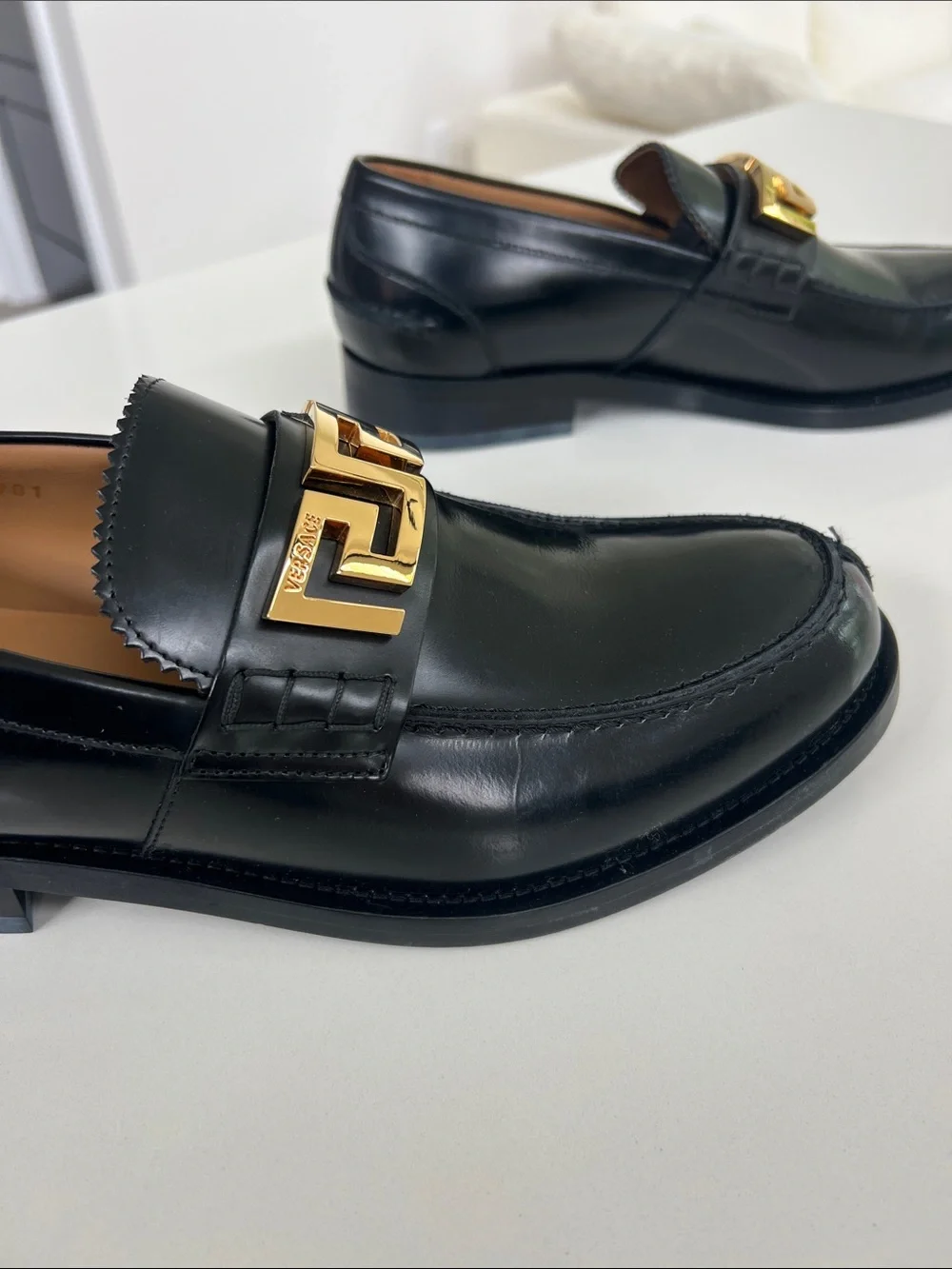 Versace black leather gold tone hardware loafers size 41